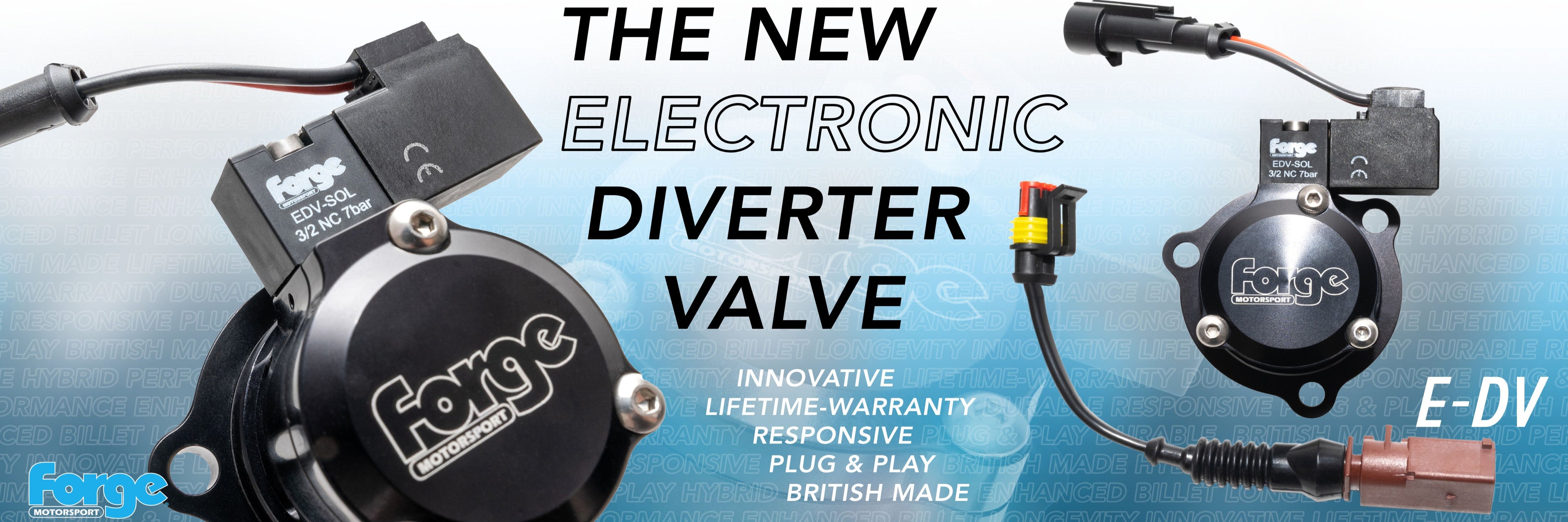 Forge electronic diverter valve with branding and product details on a blue gradient background