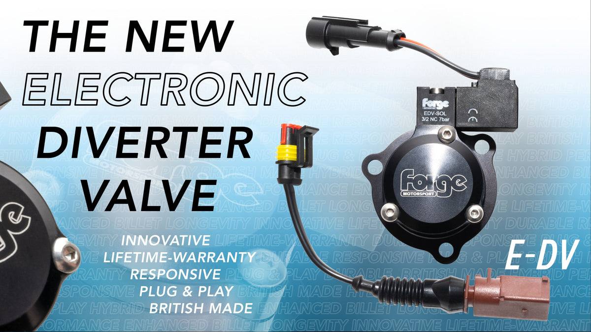 Forge electronic diverter valve with branding and product details on a blue gradient background